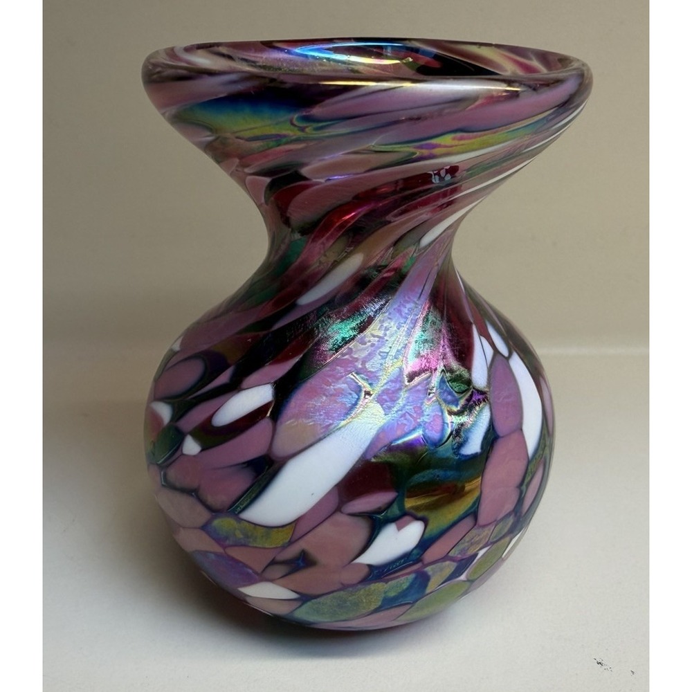 Vintage Nuance of New Orleans Art Glass Vase 3" Iridescent Confetti Signed